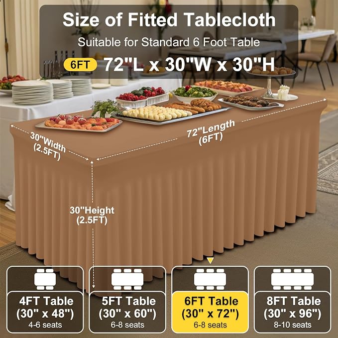 Smiry 2 Pack Spandex Elastic Fitted Table Cloth Skirt for 6FT Table | Stretch Washable Table Cloth, Banquet Table Cover for Wedding, Party, Indoor & Trade Shows, (Khaki, 72Lx30Wx30H)
