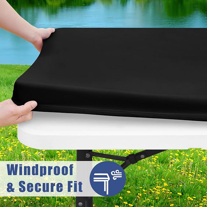 Moosfor Spandex Rectangle Table Cloth, Elastic Fitted Tablecloths for Picnic, Stretch Washable Patio Table Cover for Outdoor, Camping, Banquet and Parties (Black, 30"x84")