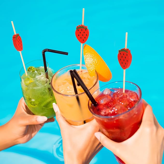 Minisland Red Strawberry Cocktail Picks, 4.7 Inch Long Bamboo Fancy Toothpicks for Appetizers, Decorative Spring Summer Tropical Party Food Drinks Garnish Fruit Kabob Skewer Sticks 100 Counts -MSL420