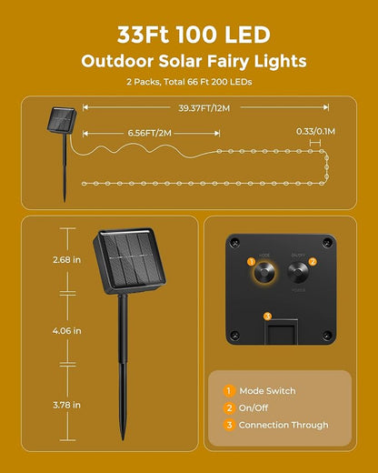 Solar String Lights, 2 Packs Total 66Ft 200 LED Fairy Lights with 8 Modes | Waterproof Twinkle Lights Outdoor & Indoor Solar Lights for Outside Patio Yard Tree Wedding Christmas Decor Warm White