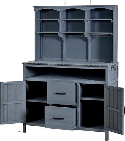 Merax 45.3" Large Outdoor Fir Wood Potting Bench with Storage, Multi-Functional Patio Kitchen Island with 6-Shelf Hutch+2 Cabinets+2 Drawers+3 Hooks, Garden Workstation for Planting, Gardening, Gray