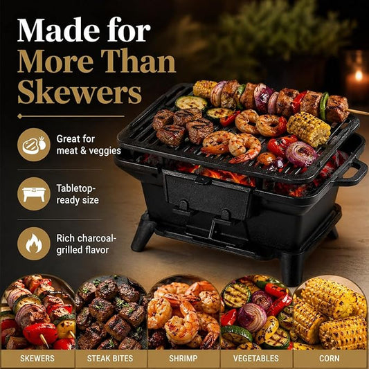 Hibachi Grill Outdoor, Portable Mini Charcoal Grill, Pre-Seasoned Cast Iron, Small Japanese Yakitori Tabletop Skillet Grill Stove for Outdoor Camping