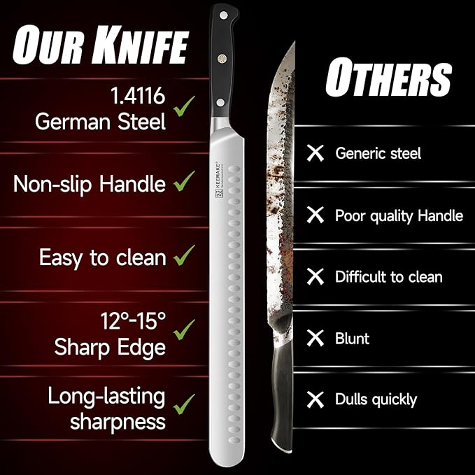 KEEMAKE Brisket Knife, 12‘’ Carving & Slicing Knife with Ergonomic Handle, German High-Carbon Steel, Sheath Included, Razor Sharp for Meat, Roasts, BBQ, Turkey, Grilling Gifts for Men