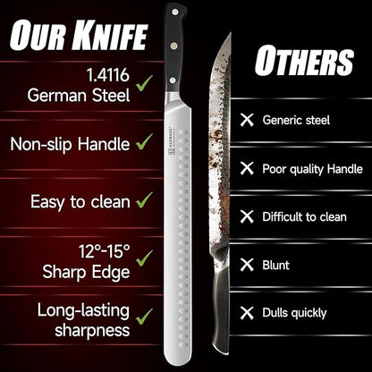 KEEMAKE Brisket Knife, 12‘’ Carving & Slicing Knife with Ergonomic Handle, German High-Carbon Steel, Sheath Included, Razor Sharp for Meat, Roasts, BBQ, Turkey, Grilling Gifts for Men