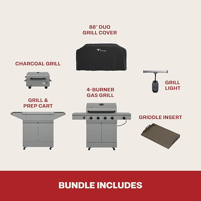 Tytus Anaheim 4-Burner Gas Grill with Prep Cart and Charcoal Grill + Cover, Light, Griddle Insert - Modular Outdoor Kitchen, Quick Assembly, Outdoor Cooking, Kitchen Island for BBQ