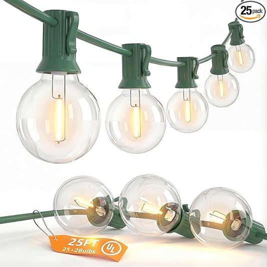 SUNSGNE 25Ft Round Christmas Lights Outdoor, G40 Globe String Lights with 27 LED Clear Lights(2 Spare), Green Wire String Lights for Yard Patio Porch Tent Pergola Backyard Christmas Decorations