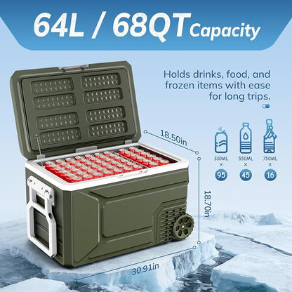 Antarctic Star 12 Volt Refrigerator,68QT(64L)Electric Cooler Compressor, -4℉~68℉ Portable Refrigerator,Car Fridge 12/24V DC 100-240V AC Portable Freezer with Wheels&2 Baskets for Camping,RV,Car,GREEN | 64L Car Fridge Compressor,Plug in Coolers for Vehi...