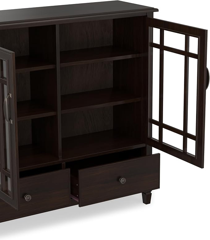 SIMPLIHOME Connaught 46" Solid Wood Tall Cabinet in Dark Chestnut Brown | Traditional tall console cabinet with glass doors, adjustable shelves and drawers for living or dining room storage.