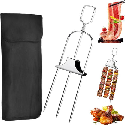 3 Prong BBQ Skewers for Grilling, 14.7 Inch Stainless Steel Kabob Skewers with Push Slider Bar, Reusable Metal Grill Skewers for Meat,Vegetables, Outdoor Barbecue Accessories (1 Fork + 1 Bag)