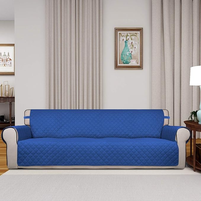 PureFit Reversible Quilted Couch Covers for Dogs Sofa Cover 4 Seater 88" | Classic Blue/Ivory, Water Resistant Couch Protector, Washable Pet Couch Cover with Non Slip and Elastic Straps For Kids
