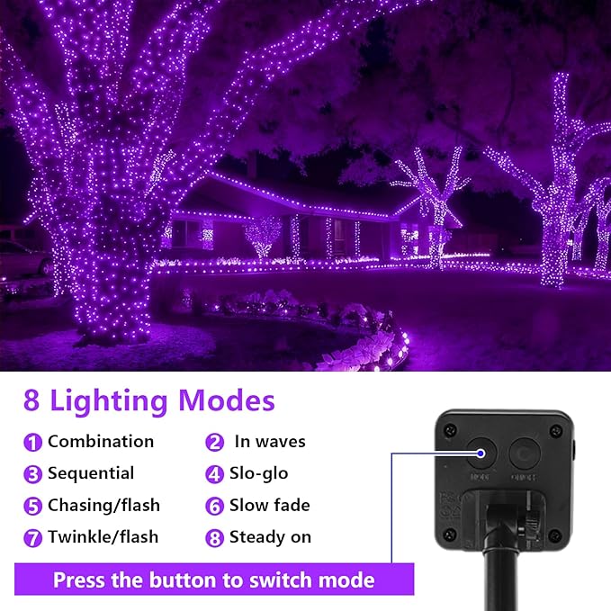 QITONG Purple Solar String Lights, 2 Pack Each 66ft 200 LED Christmas Fairy Lights Outdoor Waterproof, 8 Modes Green Wire Twinkle Lights for Outside
