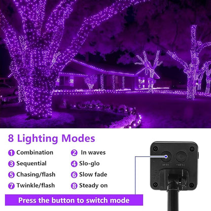 QITONG Purple Solar String Lights, 2 Pack Each 66ft 200 LED Christmas Fairy Lights Outdoor Waterproof, 8 Modes Green Wire Twinkle Lights for Outside