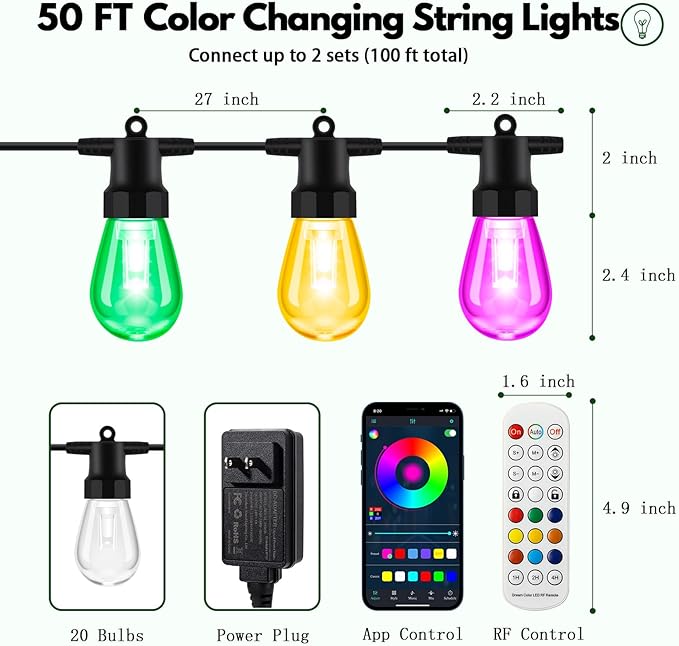 BBG Outdoor String Lights 50FT RGBW - 2700K Patio Lights Outdoor Waterproof, 24V Stable Power System, 20 Shatterproof Bulbs, Dimmable, APP & Remote Control, Linkable, Music Sync, Timer for Backyard