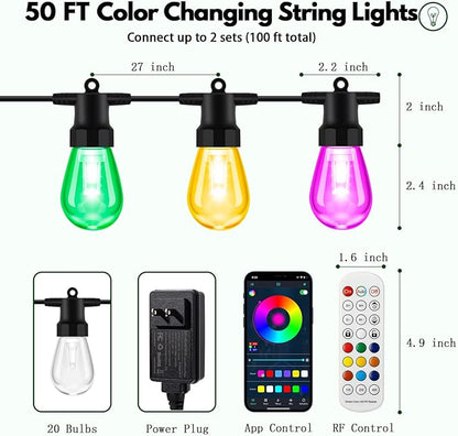 BBG Outdoor String Lights 50FT RGBW - 2700K Patio Lights Outdoor Waterproof, 24V Stable Power System, 20 Shatterproof Bulbs, Dimmable, APP & Remote Control, Linkable, Music Sync, Timer for Backyard