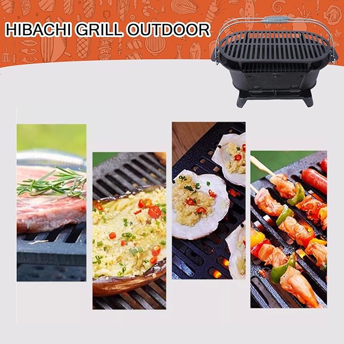 Cast Iron Hibachi Grill, Portable Charcoal Hibachi Grills with Double-Sided Grill Grate, 100% Cast Iron, Compact Camping Charcoal Cooker for Tailgating, Picnics & Hunting (Oval)