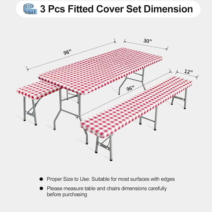 OutdoorLines Vinyl Fitted Picnic Table Cover with Bench Covers | Elastic Waterproof Camping Tablecloth for Picnic Table (Checkered Red 96x30 Inch, 3 Pcs)