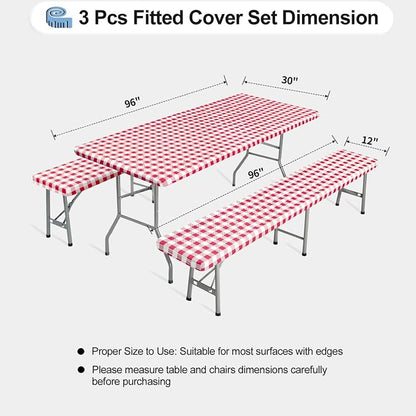 OutdoorLines Vinyl Fitted Picnic Table Cover with Bench Covers | Elastic Waterproof Camping Tablecloth for Picnic Table (Checkered Red 96x30 Inch, 3 Pcs)