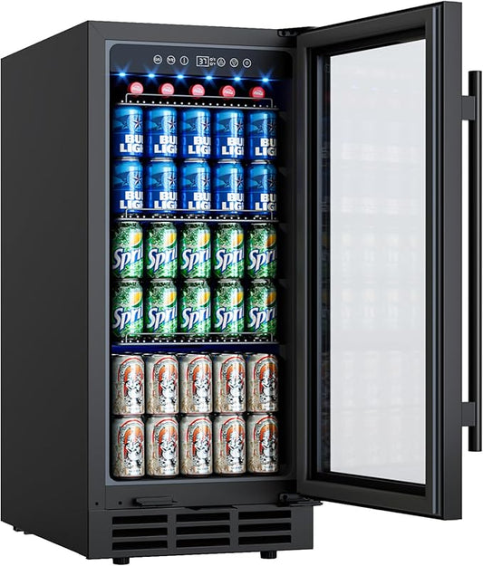 15 Inch Under Counter Refrigerator, 130 Cans Beverage Refrigerators, Large Capacity Beverage Refrigerator with Glass Door & Adjustable Shelves, for Home, Office, Bar (Black)
