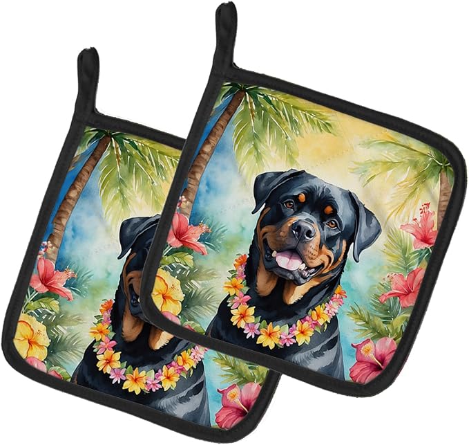 Caroline's Treasures Rottweiler Luau Pair of Pot Holders Kitchen Heat Resistant Pot Holders Sets Oven Hot Pads for Cooking Baking BBQ, 7 1/2 x 7 1/2