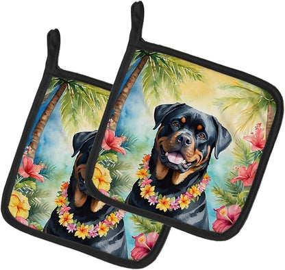 Caroline's Treasures Rottweiler Luau Pair of Pot Holders Kitchen Heat Resistant Pot Holders Sets Oven Hot Pads for Cooking Baking BBQ, 7 1/2 x 7 1/2