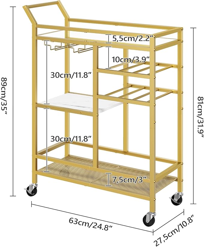 MAHANCRIS Bar Cart for Home, 3-Tier Serving Cart with Mirrored Top, Beverage Cart with Wine Rack and Glass Holder, Drink Cart with Wheels, for Dining Room, Living Room, Gold and White RCJM7101