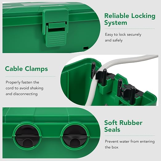 Medium Outdoor Electrical Box(10.4x6x4.2inch), IP54 Waterproof, Weatherproof Connection Box w/6 Cable Entry Ports, Extension Cord Cover Protect Power Strip, String Lights, Timer, Plug, Green