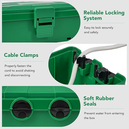 Medium Outdoor Electrical Box(10.4x6x4.2inch), IP54 Waterproof, Weatherproof Connection Box w/6 Cable Entry Ports, Extension Cord Cover Protect Power Strip, String Lights, Timer, Plug, Green