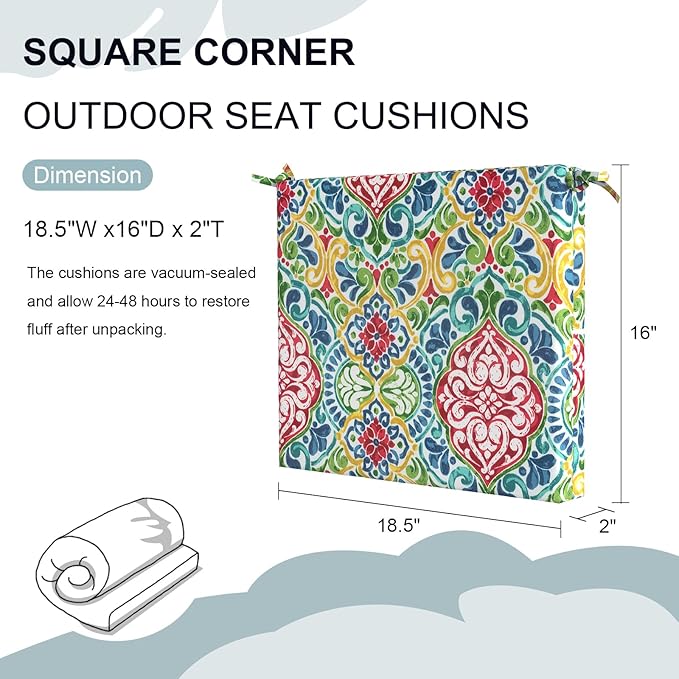 DYTXIII Set of 2 Outdoor Chair Cushions, Water Resistant 18.5"x16"x2" Square Seat Cushion for Patio Dining Chairs, High-Density Replacement Pads for Indoor Outdoor Furniture - Damask Red