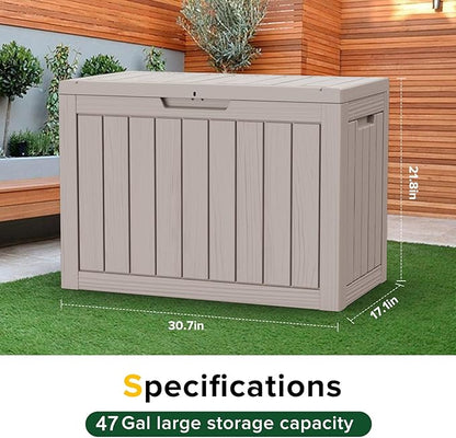 47 Gallon Resin Deck Box Outdoor Storage Box for Patio Furniture,Outdoor Cushions,Garden Tools and Pool Supplies,Waterproof,Lockable(Grey,47Gallon)