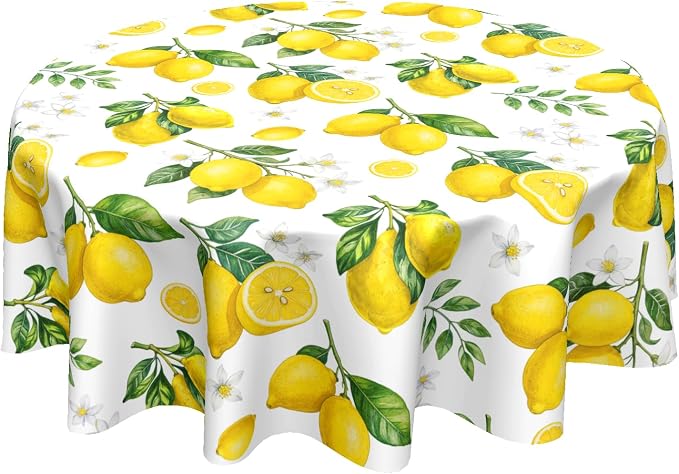 Sweetshow Yellow Lemon Table Cloth Round Fruit Tree Branches Leaves Flowers Bloom Bright Summer Tablecloth 60 Inch Decor Washable Stain and Wrinkle Spring Round Table Cover for Dining Picnic