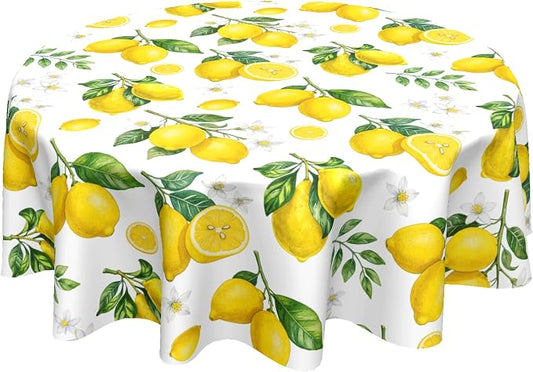 Sweetshow Yellow Lemon Table Cloth Round Fruit Tree Branches Leaves Flowers Bloom Bright Summer Tablecloth 60 Inch Decor Washable Stain and Wrinkle Spring Round Table Cover for Dining Picnic