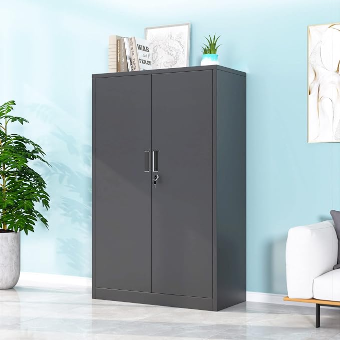 Metal Storage Cabinet with Locking Doors and 3 Adjustable Shelves, 53.5-Inch Lockable Storage Cabinets for Home Office Garage Kitchen Pantry (Black)