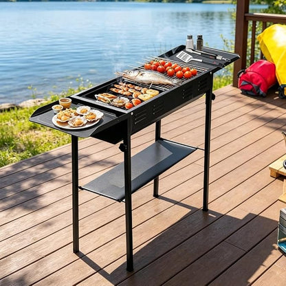 Adjustable Height Charcoal Grill, Large Cooking Area, Foldable with Side Shelves for 8-12 People Backyard Parties