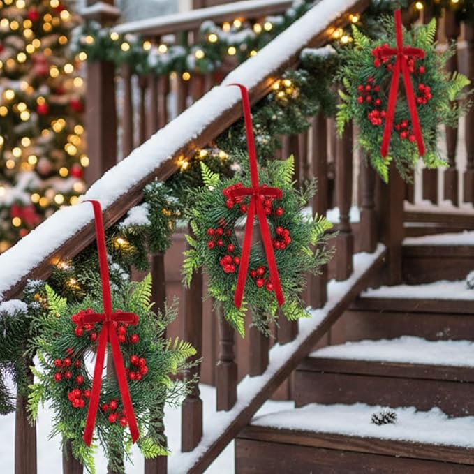 Suncalla 4 Pcs 11 Inch Mini Christmas Cabinet Wreath for Kitchen Christmas Berry Hanging Cabinet Wreath Decor with Red Bow Artificial Pine Candle Ring for Xmas Door Fireplaces Table Centerpiece