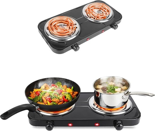 Electric Charcoal Burner Stove, 500W Single Coil Hot Plate Starter with Grill Tongs, 5-Level Temp, Smart Heat Control & Stainless Steel Fast Heating for Cooking top Countertop (3890 Double Black)