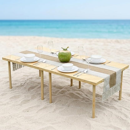 44"x30" Portable Boho Wooden Low Folding Picnic Table for Indoor Outdoor | Comes with Table Runner, Stable 8-leg Support & Thickened Structure, Thick Painted Tabletop Easy to Wipe, Fits 2-4 People