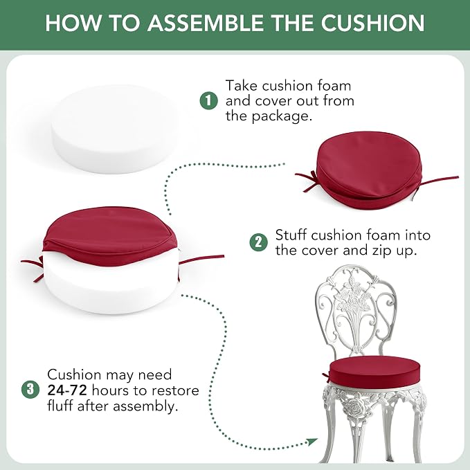 Summsun Outdoor Bistro Chair Cushions Set of 2, 15" D x 3" H Round Chair Cushions Waterproof and Fade Resistant Chair Cushion Pads with Non-Slip Ties and Removable Covers for Garden, Burgundy