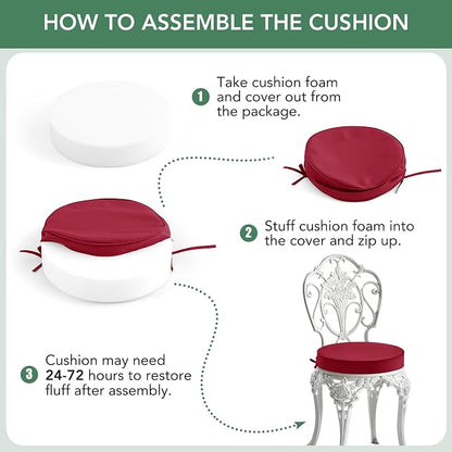 Summsun Outdoor Bistro Chair Cushions Set of 2, 15" D x 3" H Round Chair Cushions Waterproof and Fade Resistant Chair Cushion Pads with Non-Slip Ties and Removable Covers for Garden, Burgundy