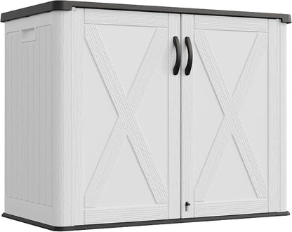 Greesum 26 Cuft Outdoor Storage Box with Lockable Doors, White | Easy to Assemble | All-Weather Resistance | Sturdy Sidehandles | Multi-purpose Resin Large Storage Cabinet