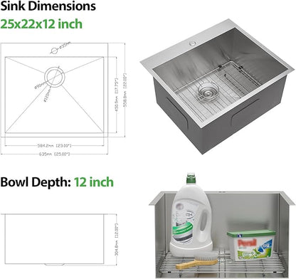 25 Inch Utility Laundry Sink Drop In 16 Gauge Stainless Steel Single Bowl Laundry Room Sink Laundry & Utility Room Kitchen Sinks 25"x22"x12"