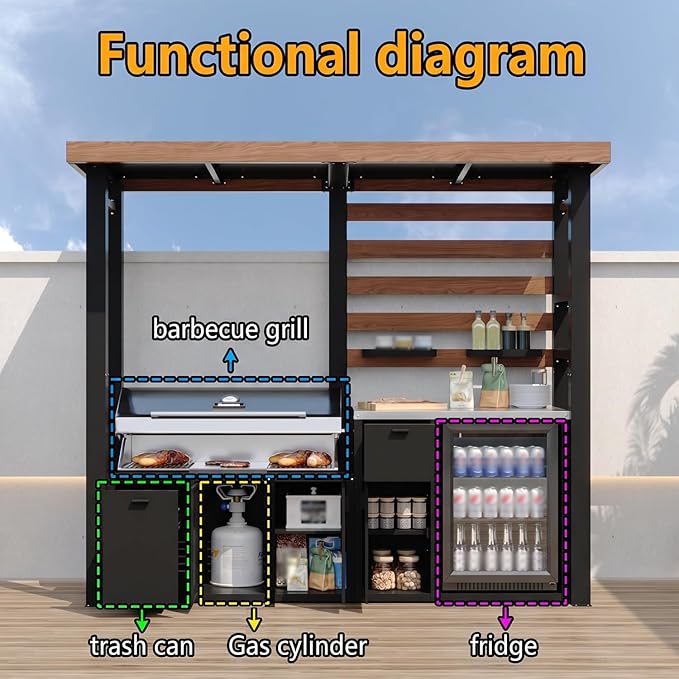 8.6'W Full Steel Outdoor Kitchen Cabinet, Patio Kitchen Island with Galvanized-Steel Roof and Stainless-Steel Countertop, BBQ Grill Station Bar Table with Storage