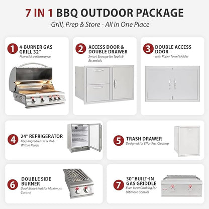 BLAZE BBQ Outdoor Gas Grill Package of 32” LTE Built-in Gas Grill, LTE Gas Griddle, LTE Gas Power Burner, 32” Door & Two Drawers Combo, Trash Drawer, Double Access Door, Refrigerator, and Accessories