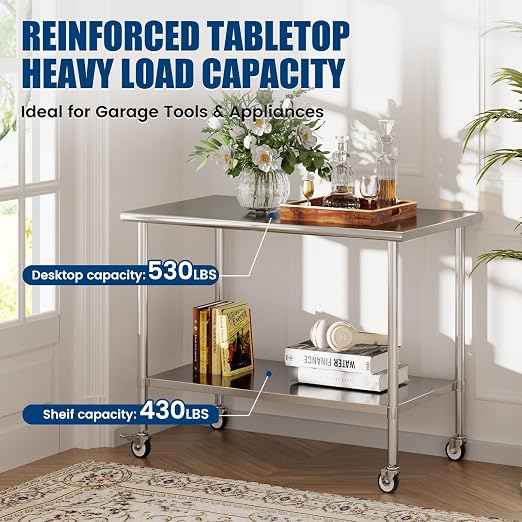 Stainless Steel Work Table with Wheels, 30x60 Inch NSF Kitchen Prep Table with Adjustable Undershelf for Commercial Restaurant, Garage, Outdoor BBQ