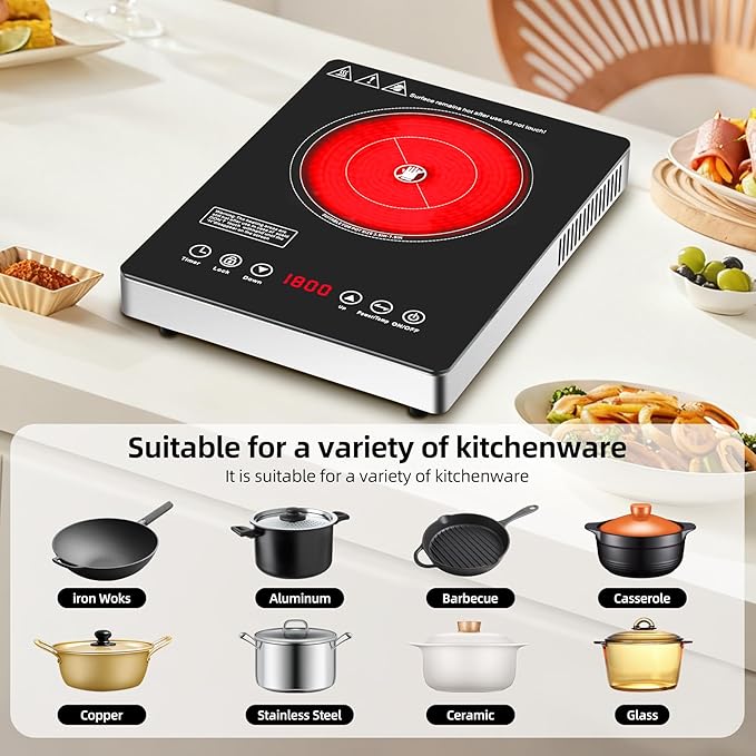 Single Burner Electric Cooktop,110V 1800W Electric Stove Top with LED Touch Control,9 Power Levels, 3 hTimer, Safety Lock, portable cooktop Overheat protection