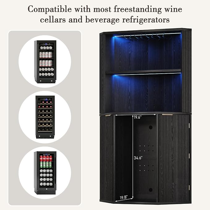 kepptory 71" Extra Large Triangle Corner Bar Cabinet with Mini Fridge Space | Full RGB LED Liquor Cabinet with Wine Glass Rack, Oversized Fluted Storage Buffet for Living Room Kitchen