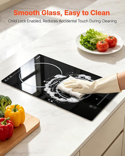 VEVOR Electric Cooktop 12inch 2 Burners Portable Stove Top 1800W 120V, Ceramic Countertop/Built-in Radiant Electric Stove, with 9 Power Levels, Timer, Child Lock, Over-Heat Guard, Touch Control