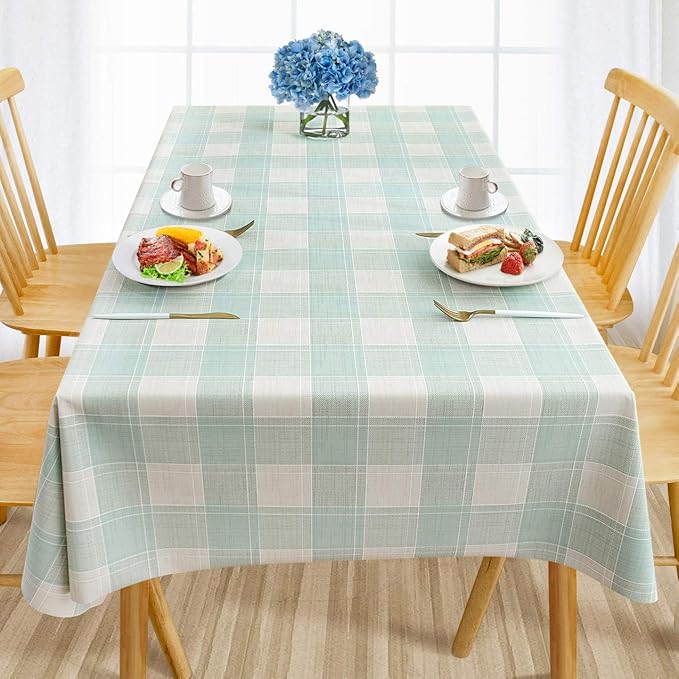 AIRCOWRIE Waterproof Vinyl Tablecloths, Heavy Duty Oil Proof Spill Proof Plastic Table Cloth, Wipe Clean PVC Table Cover for Spring Indoor and Outdoor Use (Green Checkered, 54”×120”, Rectangle)