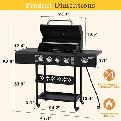 4-Burners Propane Gas BBQ Grill with Top Cover Lid&Side Burner, 50,000BTU Outdoor Gas Grill with Stainless Steel Grates, Storage Racks & Hooks for Patio Yard (Black without Door)