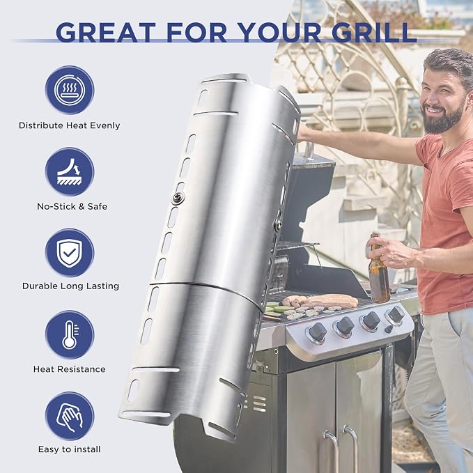 Universal Adjustable Grill Heat Plates, Heat Tents, Flame Tamer Burner Covers, Heavy Duty Heat Plate Shield, Stainless Steel Grill Replacement Parts, Extends from 12" up to 18" L, 4 Pack