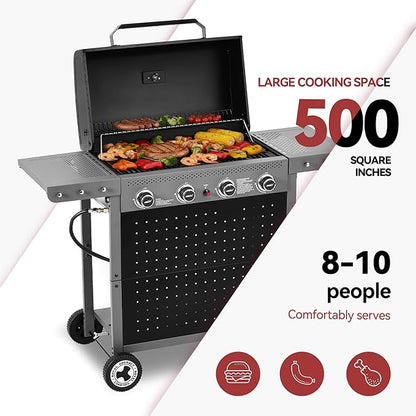 Royal Gourmet GL4001 4-Burner Gas Grill with Pegboard, 500 Sq. In. Cooking Area, 26,000 BTU, Foldable Side Shelves with Hooks, Ideal for Backyard and Patio, Black & Cool Gray